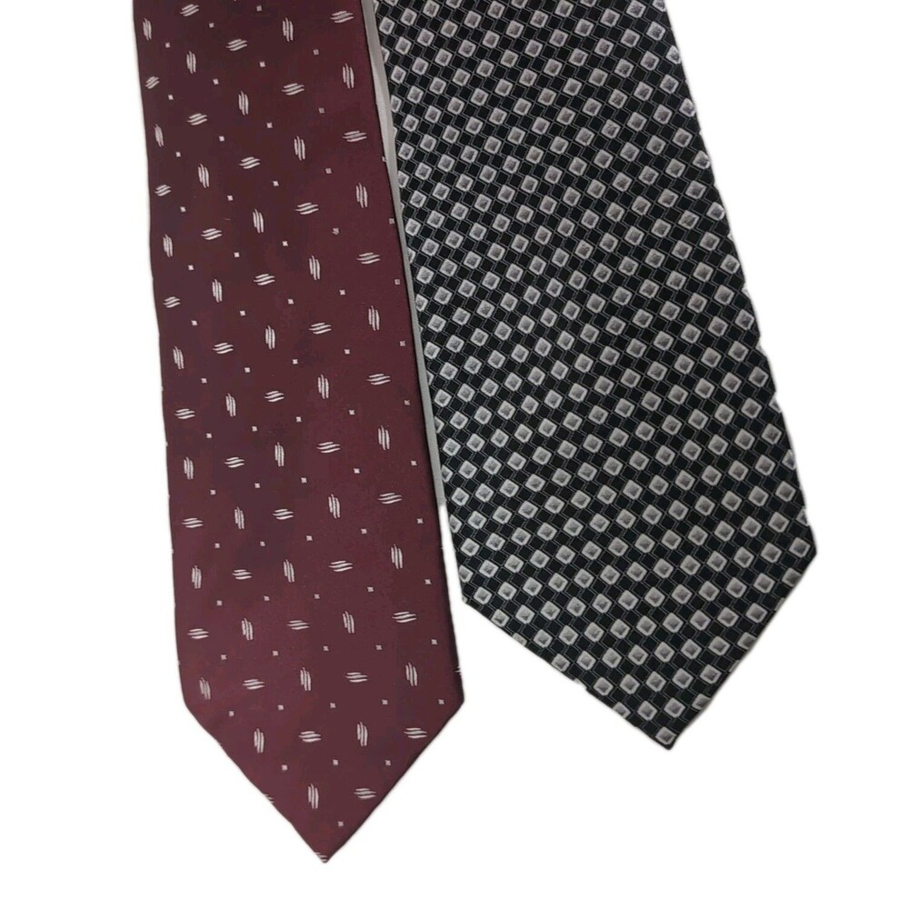 TWO Pierre Cardin Men's 100% Silk Necktie Bundle LOT Black, Red Micro-Geometric